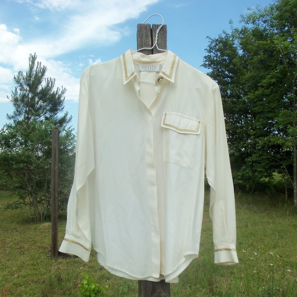 petite sophisticate small ivory blouse gold trim